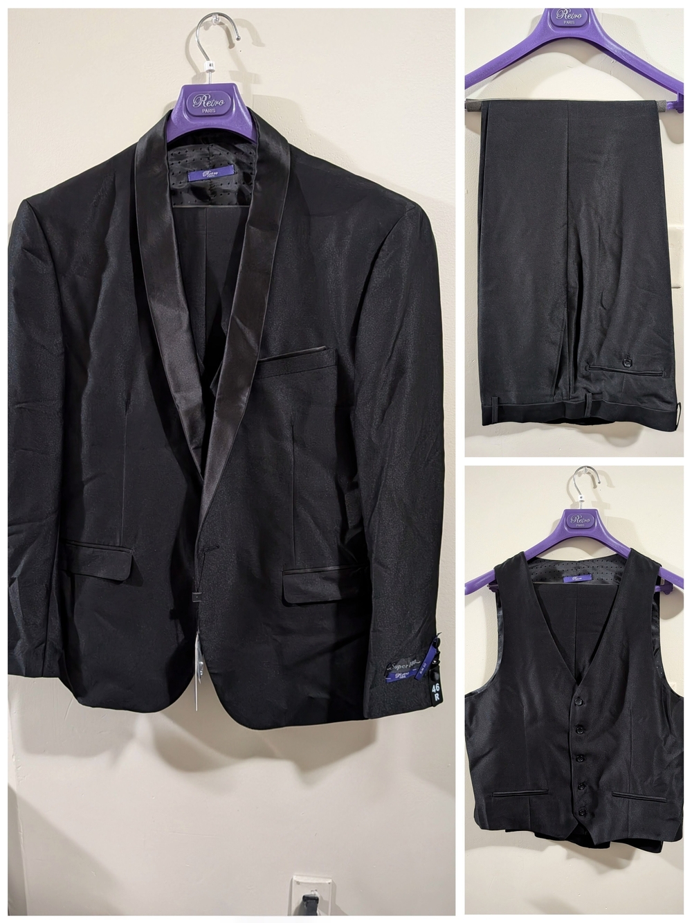 Retro Paris Classic Black Satin-Trim Tuxedo Jacket, Vest & Pants Set